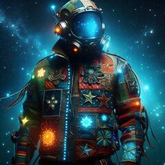 A space explorer wearing a sleek, transparent helmet, with a reflective visor that mirrors the nebulae in the background