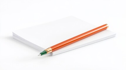 Naklejka premium Close-up of blank white paper stack with an orange pen on top on isolated background. Generative AI