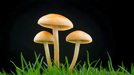 Three mushrooms in grass on black background.  Possible use Educational image of fungi