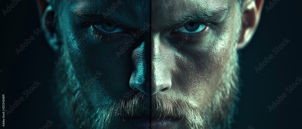 Poster half-face portrait of a person with beard on one side and no beard on the other side