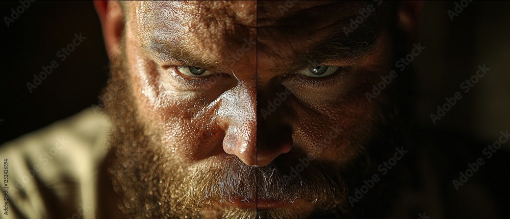 Poster split image of a person with a beard on one side and clean-shaven on the other side