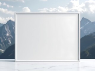 Blank White Square Frame Mockup for Banner Display, Advertisement Leaning Against a Mountain Landscape with Cloudy Sky.