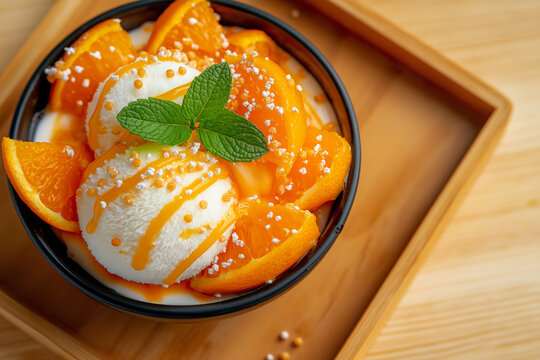 Delicious orange bingsu topped with creamy ice cream, fresh orange slices, and drizzle of syrup, garnished with mint leaves for refreshing touch