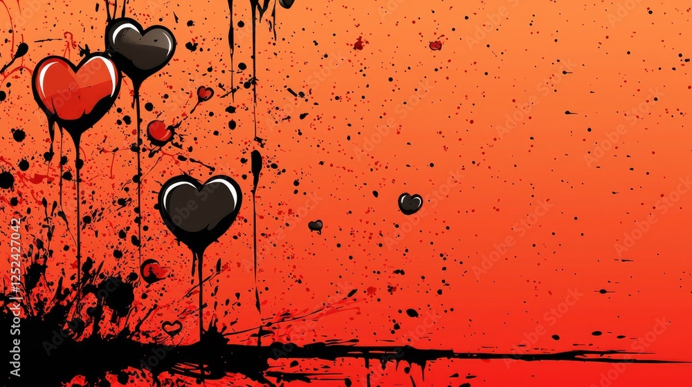 Poster vibrant abstract hearts with drips and splashes on gradient background