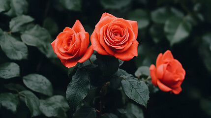 Three vibrant orange roses in a garden. Close-up shot with dark green leaves in background. Possible use for floral design inspiration
