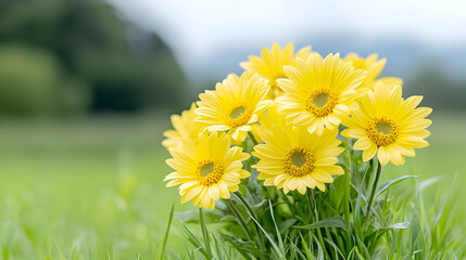 Yellow daisies in field, spring day, nature background, greeting card