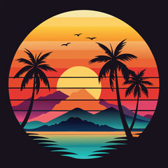  Abstract colorful summer beach, palm tree, retro, 80s style logo vector illustration 