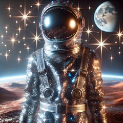 A space explorer wearing a sleek, transparent helmet, with a reflective visor that mirrors the nebulae in the background