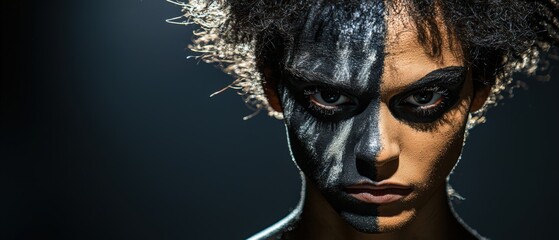 A Person with Dramatic Makeup on One Side of Their Face Posing in Artistic Lighting for a Captivating Portrait