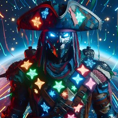 A futuristic space pirate, wearing a patchwork outfit made from glowing, celestial materials that change colors based on the stars