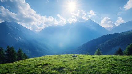 Fototapeta premium Majestic Mountain Panorama: A Serene Summer Day in the Alps