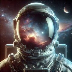 A space explorer wearing a sleek, transparent helmet, with a reflective visor that mirrors the nebulae in the background
