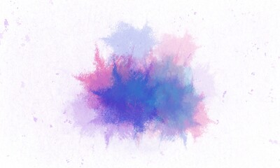 Abstract watercolor painting with a mix of purple, pink and blue in a dispersed manner that looks like ink splashes of paint on a white background. It gives a lively and creative feeling.