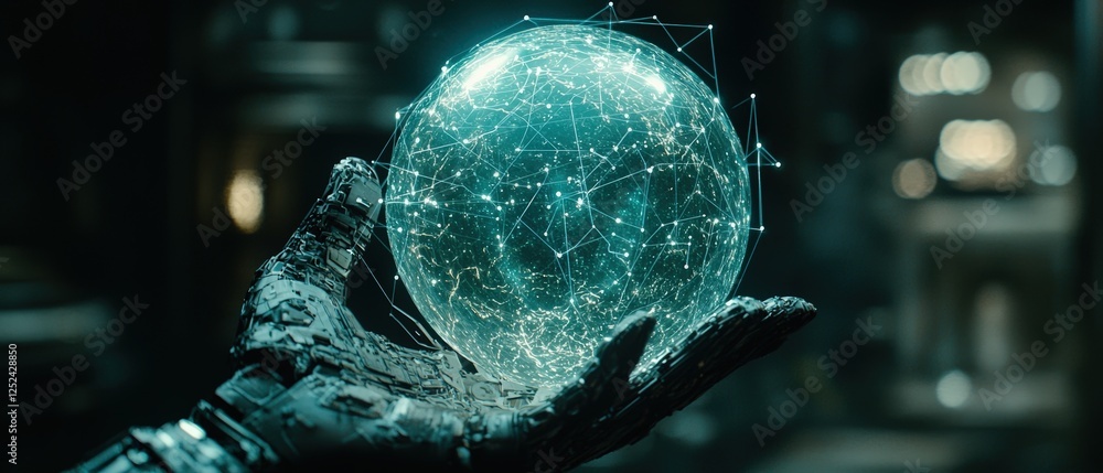 Aufkleber robotic hand balancing a glowing sphere surrounded by a mystical environment with intricate details 