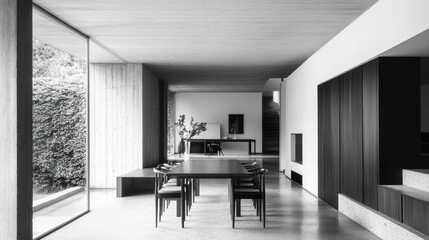 Fototapeta premium Modern minimalist dining room, garden view, concrete floor, home interior design