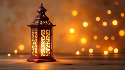 Ornamental Arabic lantern with burning candle glowing at night and glittering golden bokeh lights. Festive greeting card, invitation for Muslim holy month Ramadan Kareem. Dark background.