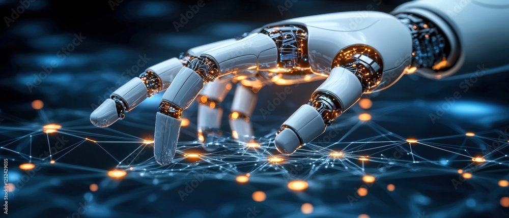 Aufkleber robotic hand reaching out with glowing shapes floating in the air surrounded by network connections 