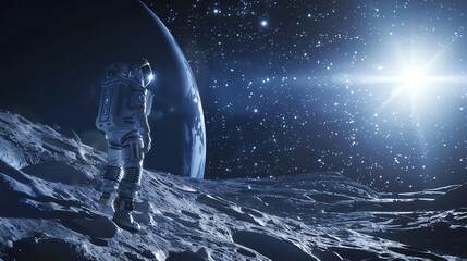 A lone astronaut stands on a moon-like surface, gazing at a distant planet and bright star.