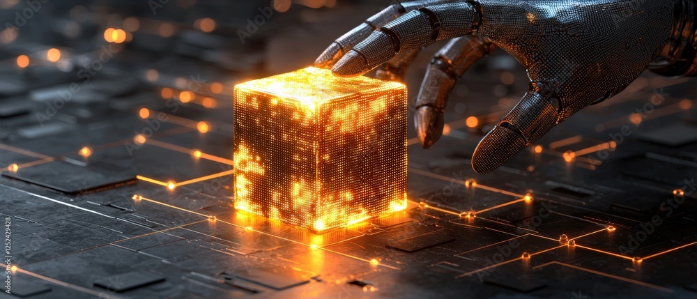 Aufkleber robotic hand placing glowing cube in futuristic digital environment with intricate patterns and lumi