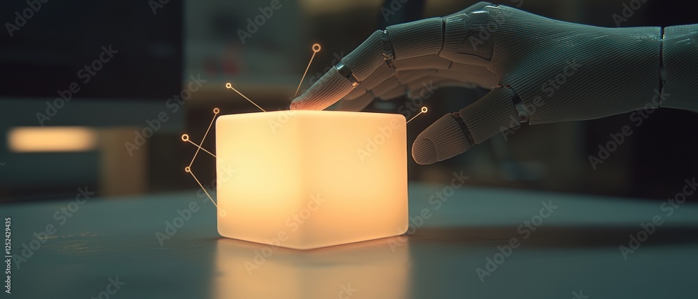 Aufkleber robotic hand interacting with glowing cube in modern technology setting