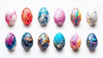 Decorated Easter eggs arranged on white background; holiday celebration