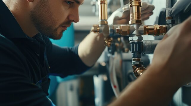A close-up of a plumber installing pipes and fixtures in a newly constructed office building, Office building plumbing scene, Plumbing system integration style