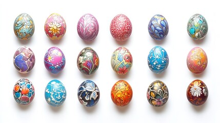 Colorful Easter eggs arranged on white background