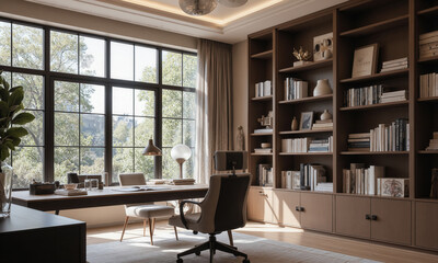 Stylish home office featuring a sleek wooden desk with a comfortable ergonomic chair, surrounded by neatly arranged shelves of books