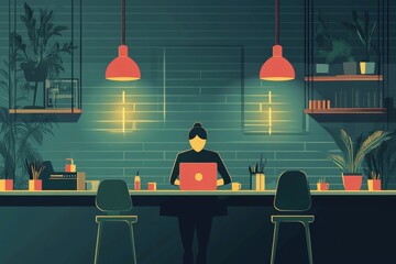 Woman Working Late at Night in a Cozy Cafe, Illuminated by Warm Pendant Lights.