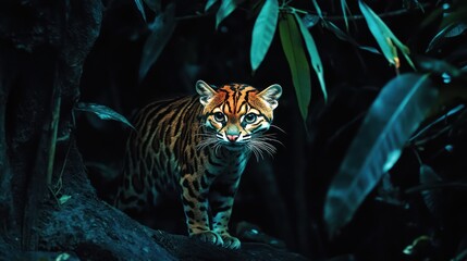 Ocelot in rainforest, nocturnal hunt, jungle leaves background, wildlife photography
