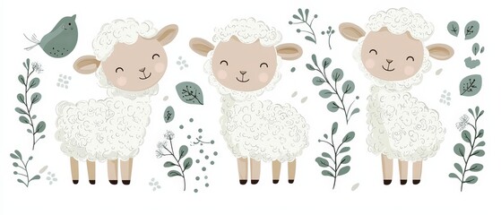 Charming Flat Style Vector Illustrations of Playful Sheep Surrounded by Nature Elements for Creative Projects