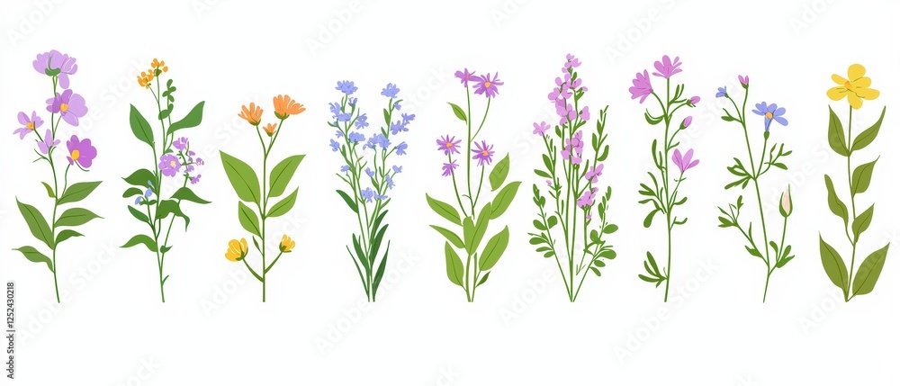 Poster flat style vector illustrations of various colorful wildflowers for design projects and creative use