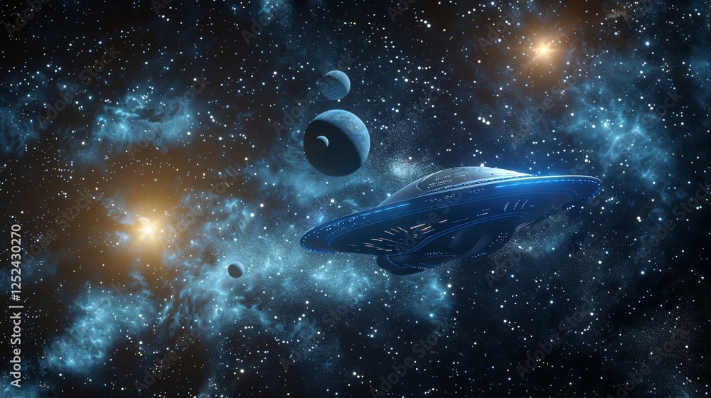 Canvas Prints a spaceship travels through a starry nebula.