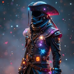 A futuristic space pirate, wearing a patchwork outfit made from glowing, celestial materials that change colors based on the stars