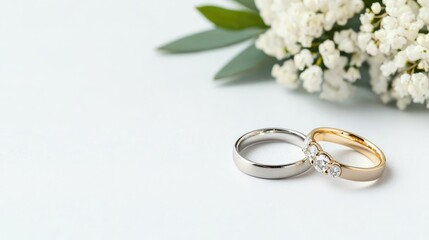 Wedding rings on white background with flowers