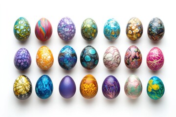 Colorful Easter eggs arranged on white background; spring celebration