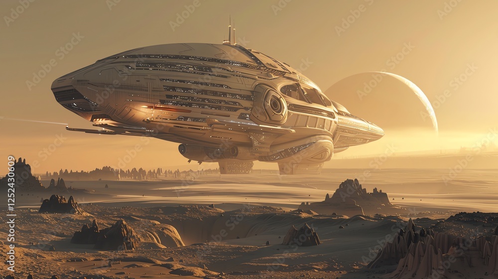 Canvas Prints a futuristic spaceship hovers over a desert landscape with a planet in the sky.