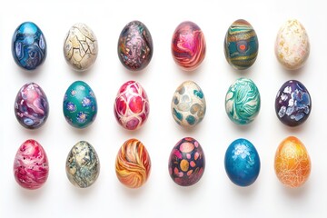 Colorful Easter eggs arranged on white background (1)