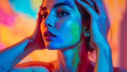 Fototapeta premium Colorful Portrait of a Young Woman with Vibrant Paint Splashes and Neon Lighting, Expressing Creativity and Modern Art.