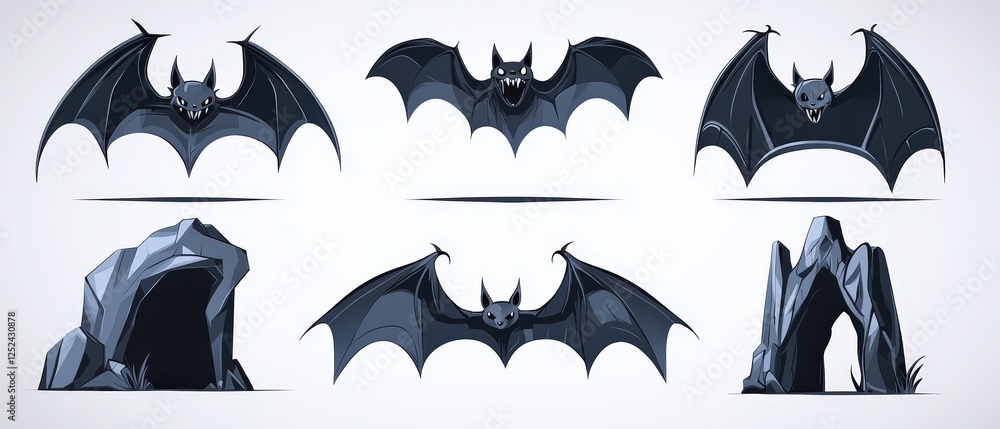 Poster set of vector illustrations featuring flat style bats and cave designs in monochrome color scheme