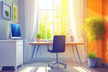 Fototapeta premium Sunny Home Office Workspace with Desk, Computer, Plants, and Bright Window