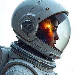 A space explorer wearing a sleek, transparent helmet, with a reflective visor that mirrors the nebulae in the background