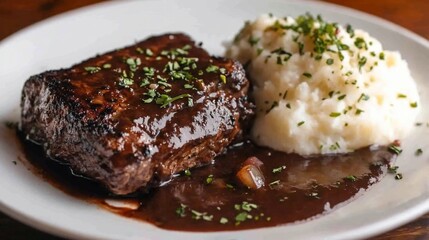 Grilled steak, mashed potatoes, red wine sauce, restaurant setting