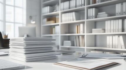 Fototapeta premium Bright Modern Office Workspace Featuring Organized Documents and Minimalist Shelves