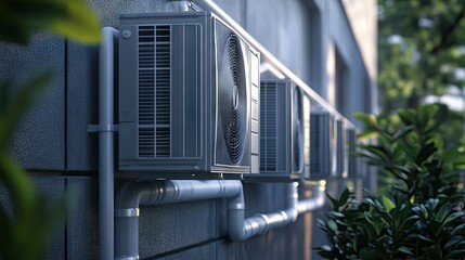 Naklejka premium Wall-mounted AC unit with pipes extending through the wall to the outdoor unit