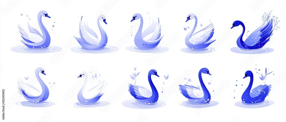 Poster set of flat style vector illustrations featuring elegant swans in various poses and designs for crea