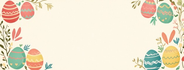 Pastel Easter eggs border, spring floral background, holiday card