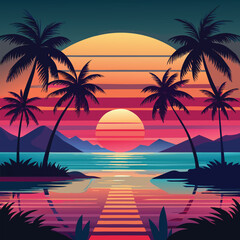  Abstract colorful summer beach, palm tree, retro, 80s style logo vector illustration 