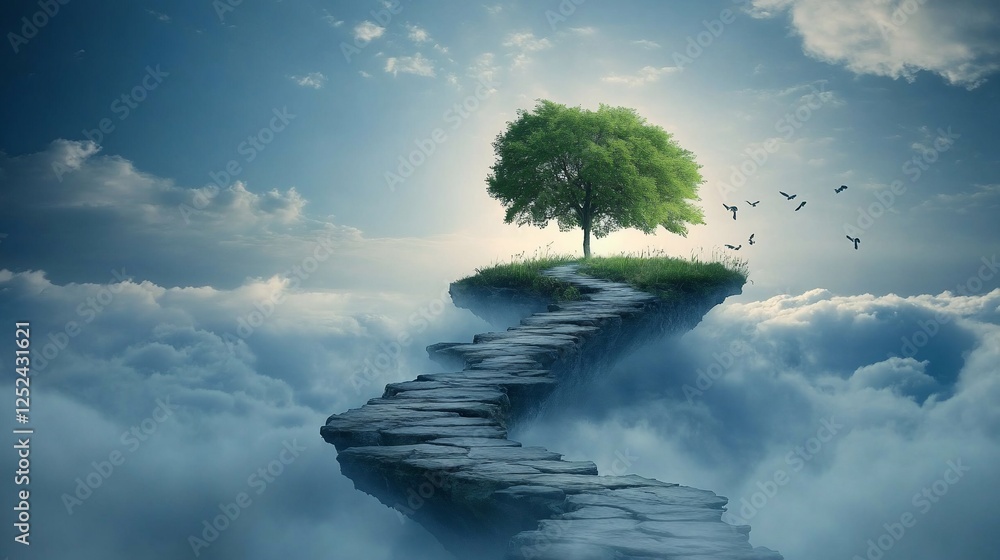 Poster path to a solitary tree on a floating island above a sea of clouds with birds