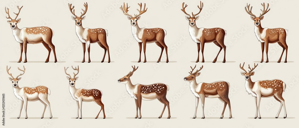 Poster set of vector illustrations featuring flat style deer in various poses for creative projects and des